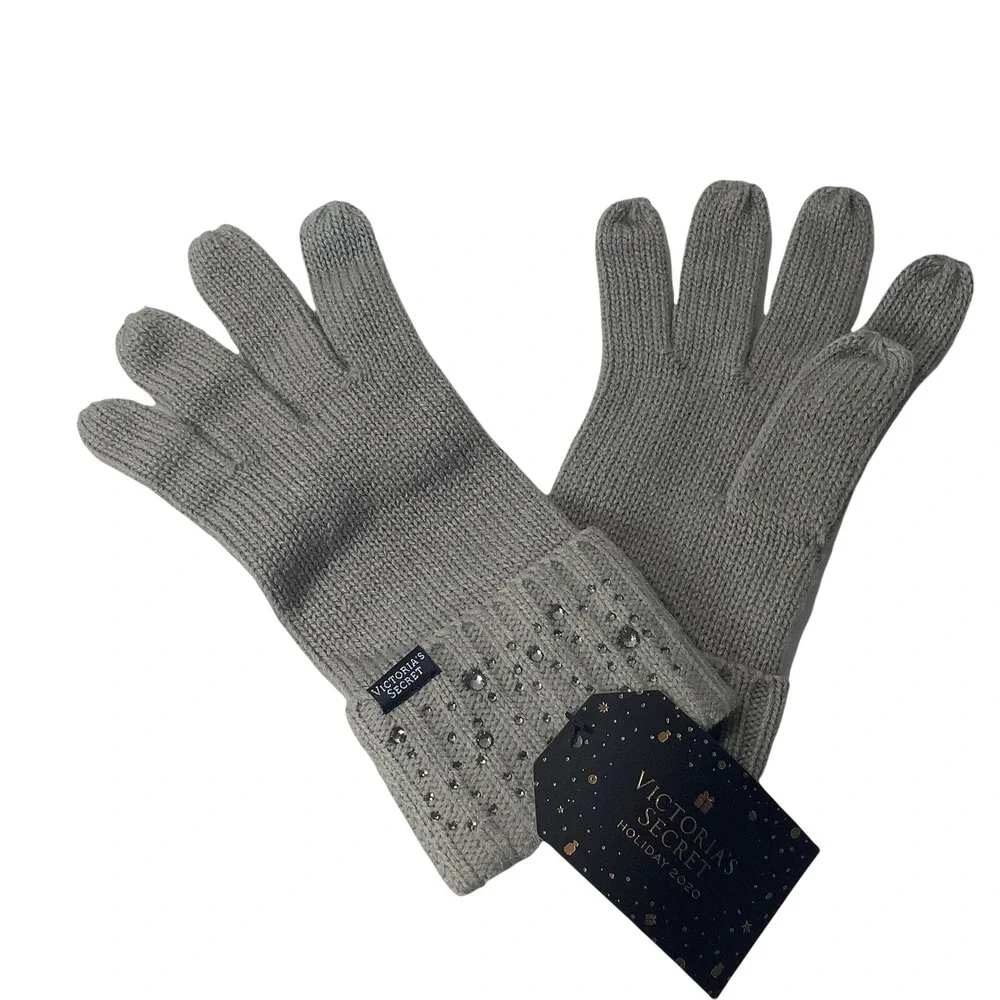Victoria's Secret Gloves‎ Mittens Gray Bling Gem Sparkle Knit Glam Winter NWT